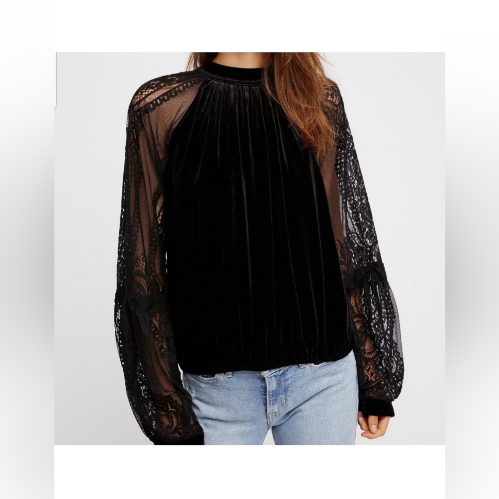 Free People Lace & Velvet Sleeve Dream Team Top M